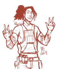 A man with long frizzy hair flashing double peace signs with a smirk.