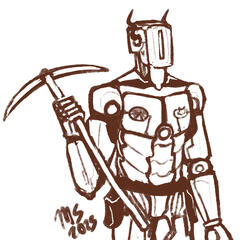 A robot holding a pickaxe with a squarish, strong build.